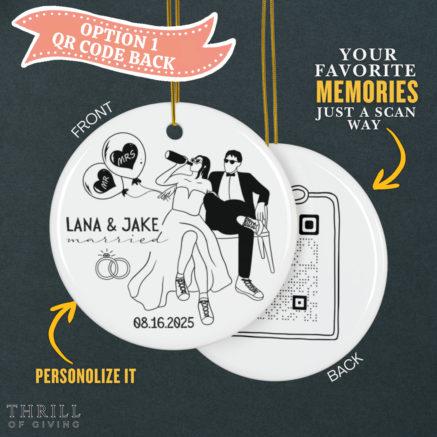 Personalized First Christmas Married Ornaments - Double Sided QR code Photo Option