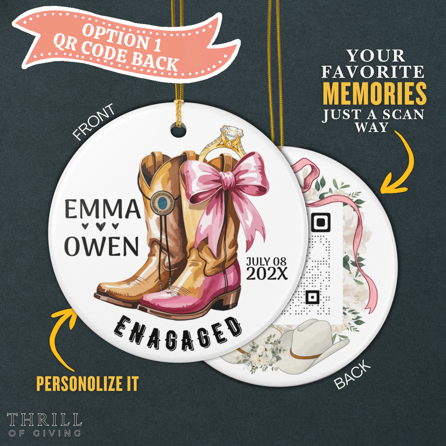 Personalized First Christmas Engaged Ornaments - Double Sided QR Code Photo Ornament