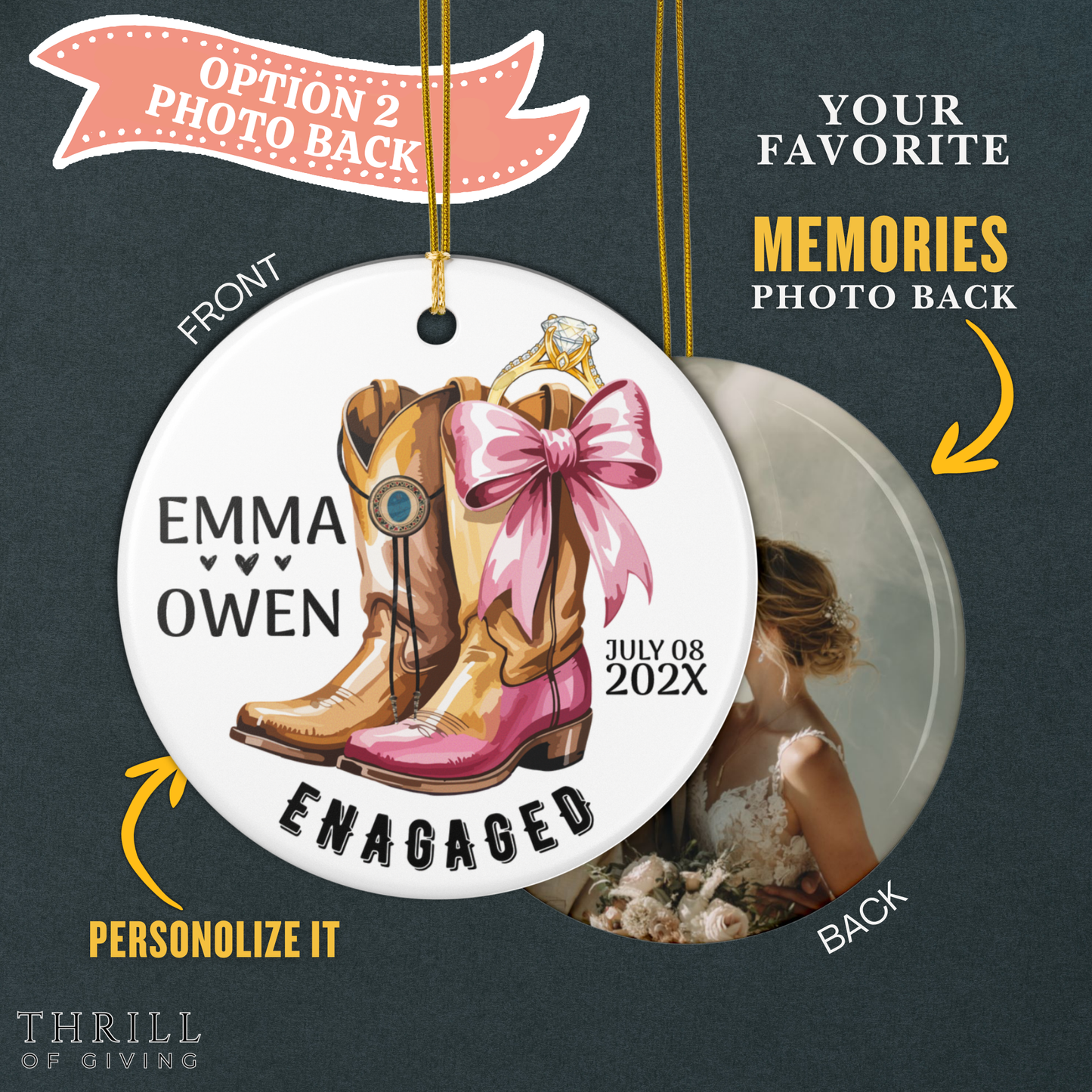 Personalized First Christmas Engaged Ornaments - Double Sided QR Code Photo Ornament