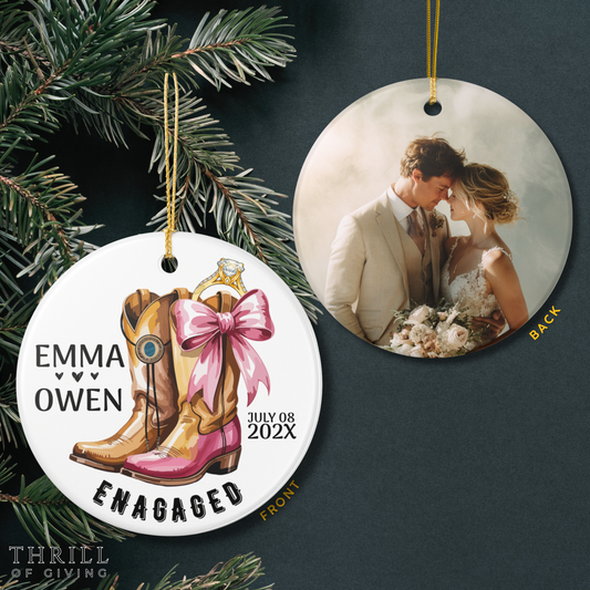 Personalized First Christmas Engaged Ornaments - Double Sided QR Code Photo Ornament