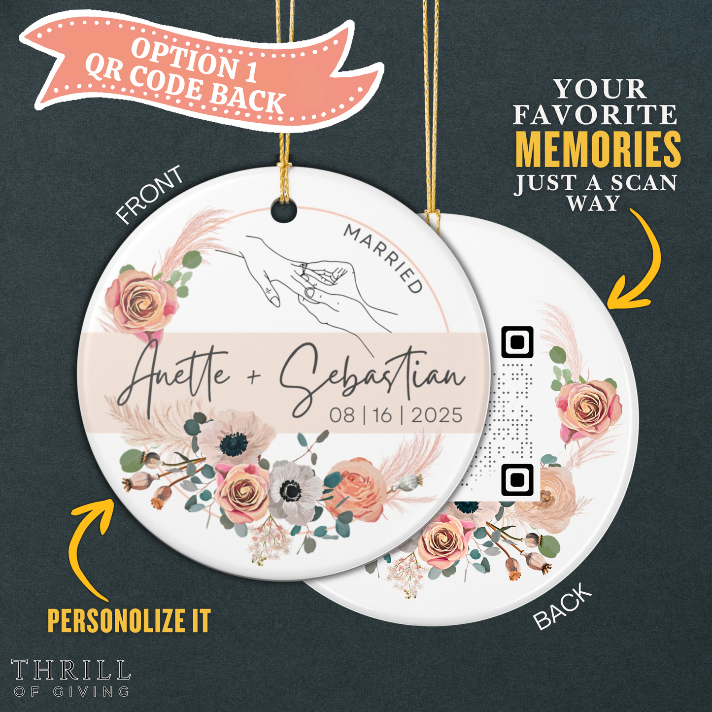Our First Christmas Married Ornaments - Double Sided QR code Newlywed Gift