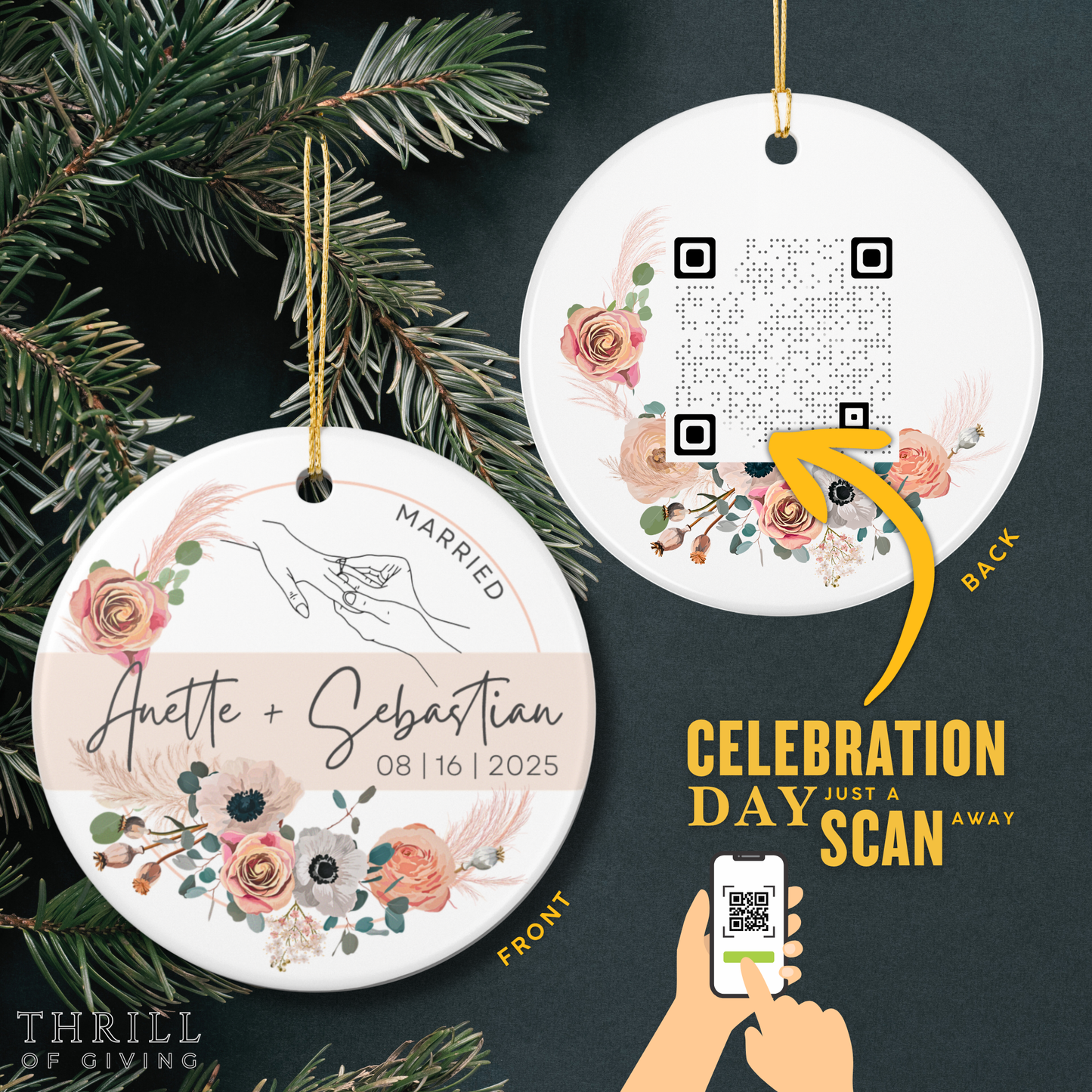 Our First Christmas Married Ornaments - Double Sided QR code Newlywed Gift