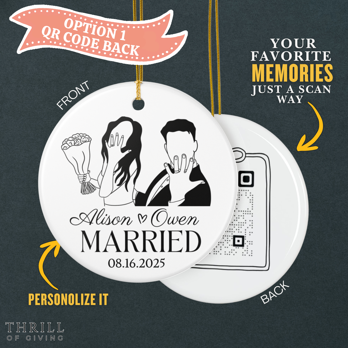 Our First Christmas Married Ornaments - Double Sided QR code Newlywed Gift