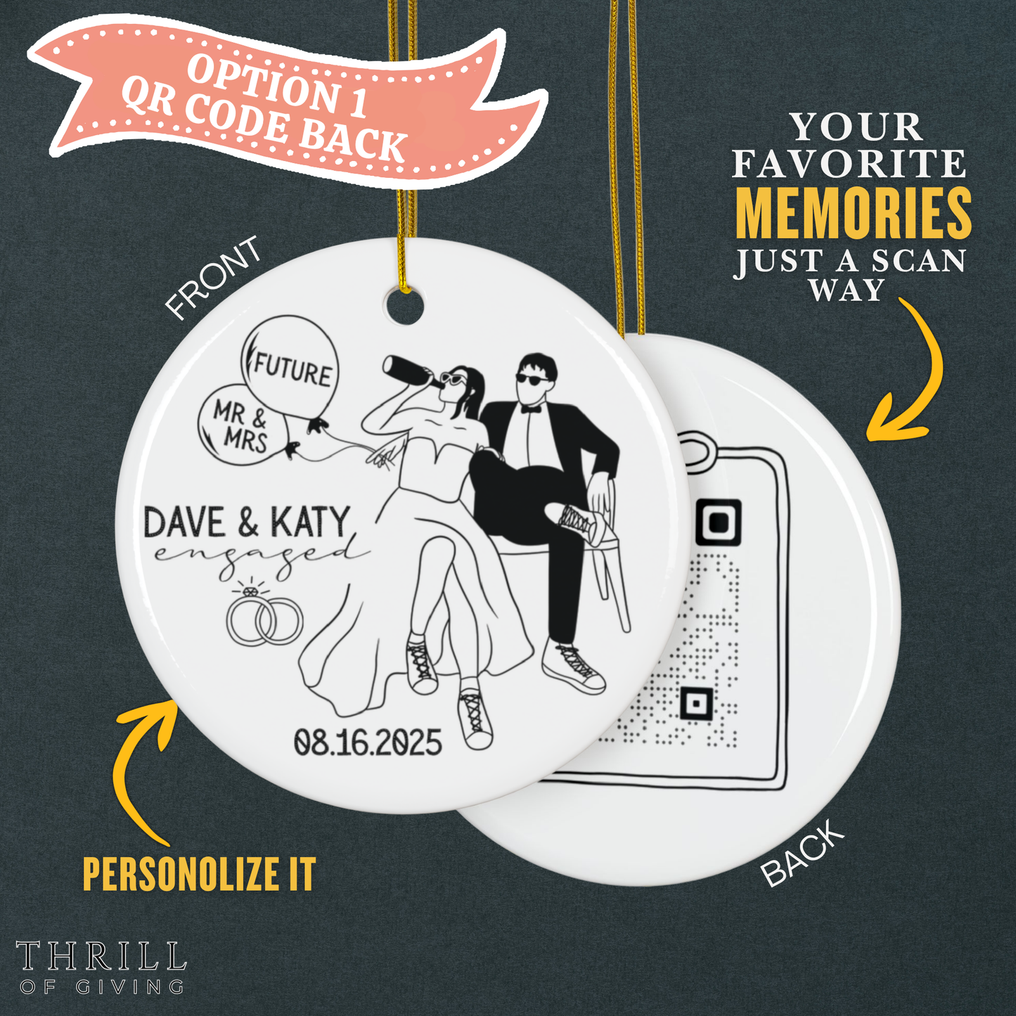 Engagement Christmas Ornaments - Custom Double Sided QR code Photo Ornament