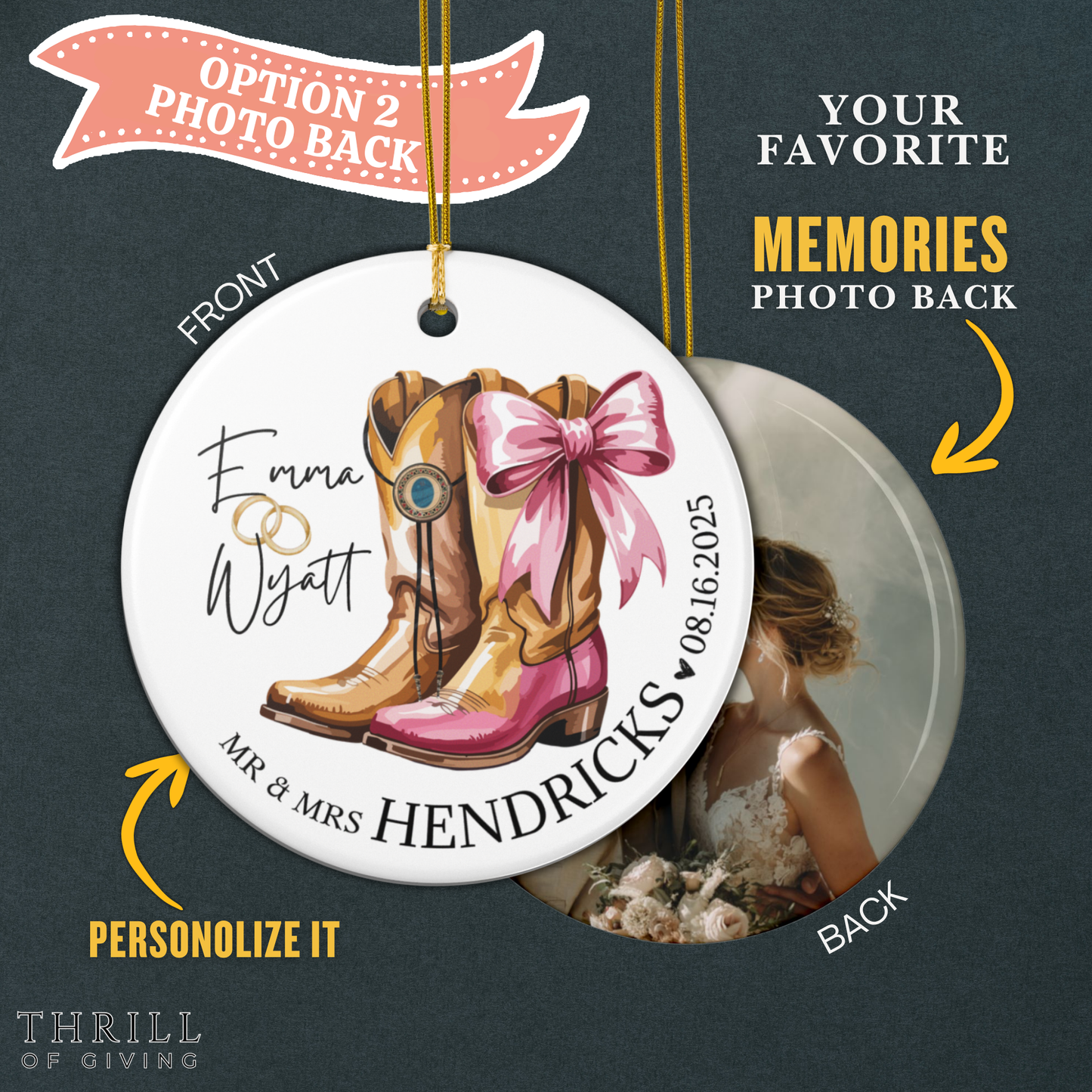 Cowboy & Cowgirl Married Ornaments - Double Sided QR code Newlywed Gift