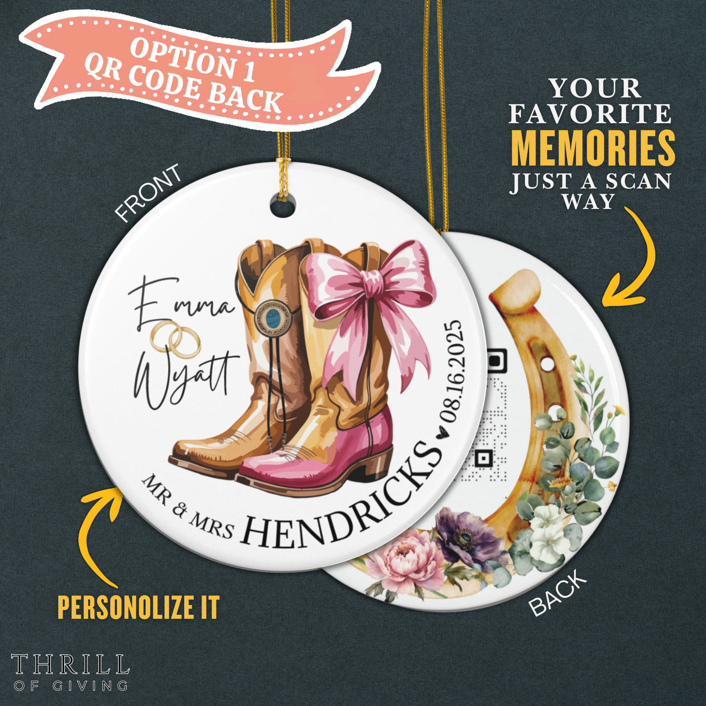 Cowboy & Cowgirl Married Ornaments - Double Sided QR code Newlywed Gift