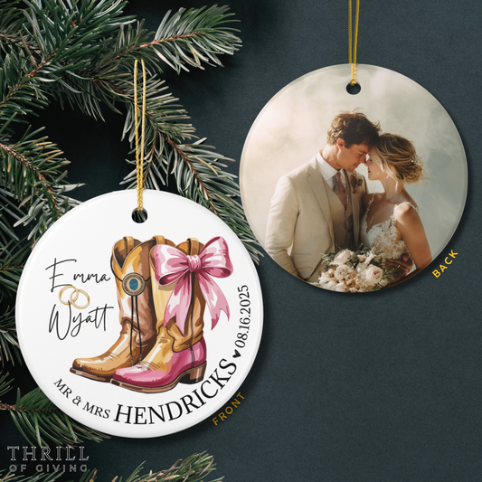 Cowboy & Cowgirl Married Ornaments - Double Sided QR code Newlywed Gift