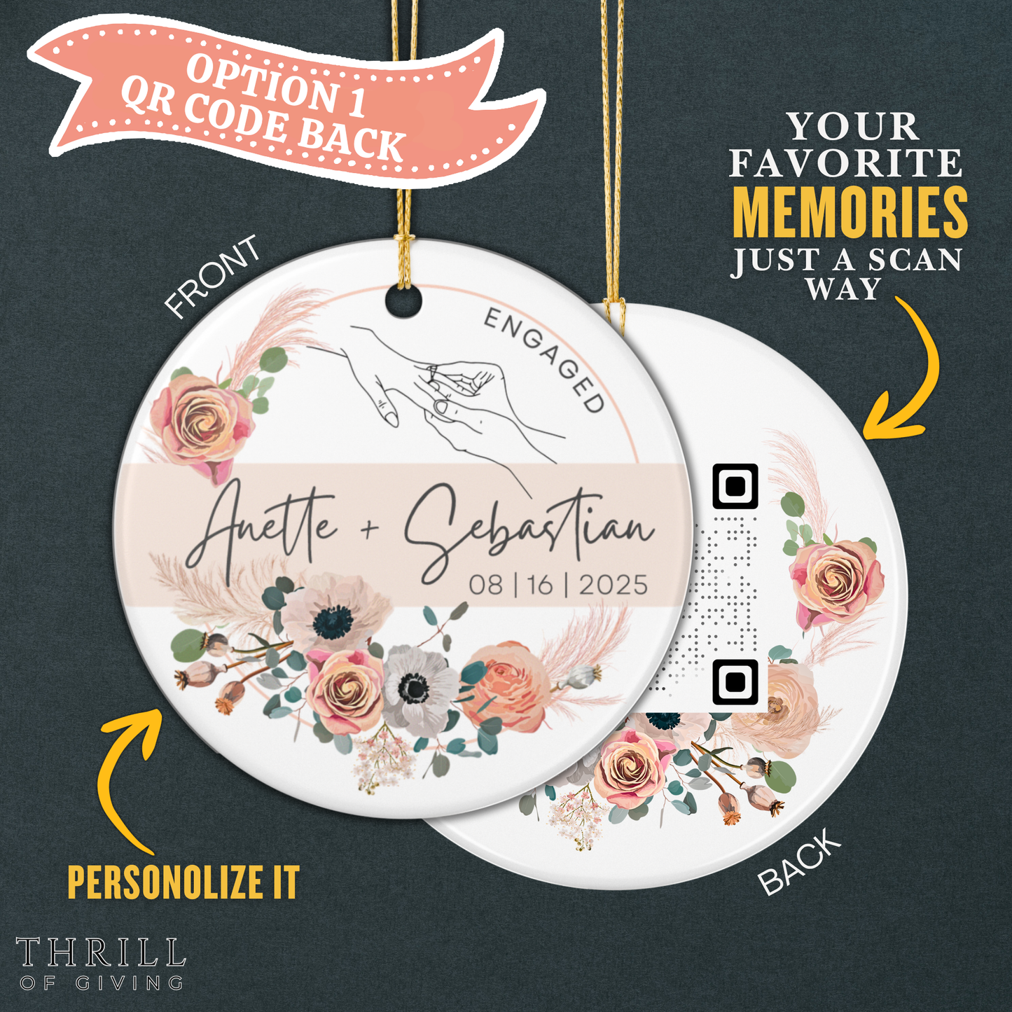 Personalized First Christmas Engaged Ornaments - Double Sided QR code Photo Ornament
