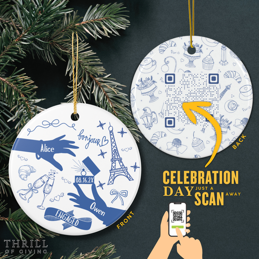 Paris France Engagement Ornament - Double Sided QR code Photo Ornament