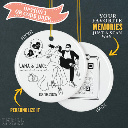 Personalized First Christmas Married Ornaments - Double Sided QR code Photo Option