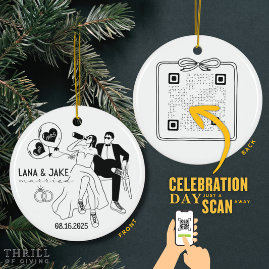 Personalized First Christmas Married Ornaments - Double Sided QR code Photo Option