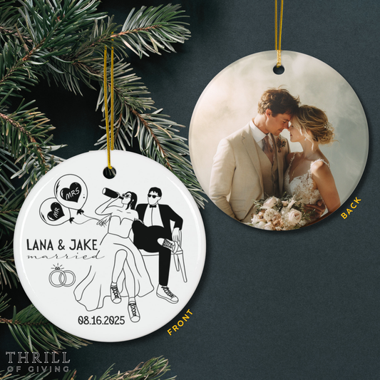Personalized First Christmas Married Ornaments - Double Sided QR code Photo Option