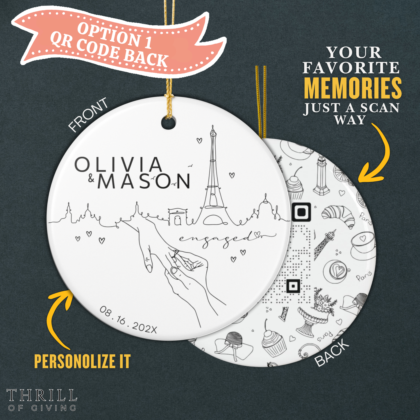 Paris France Engagement Ornament - Double Sided QR Photo Ornament