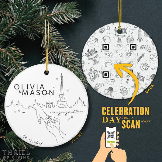 Paris France Engagement Ornament - Double Sided QR Photo Ornament