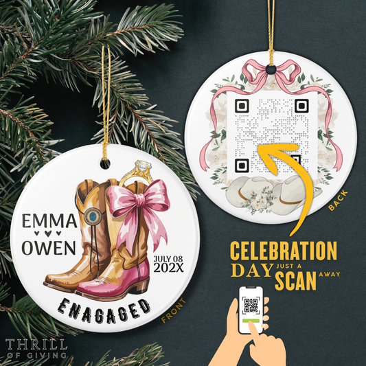 Personalized First Christmas Engaged Ornaments - Double Sided QR Code Photo Ornament