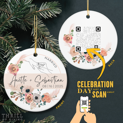 Our First Christmas Married Ornaments - Double Sided QR code Newlywed Gift