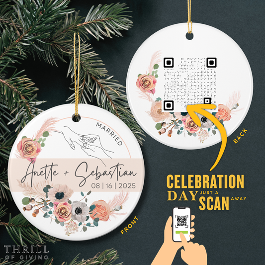 Our First Christmas Married Ornaments - Double Sided QR code Newlywed Gift