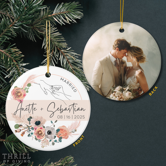 Our First Christmas Married Ornaments - Double Sided QR code Newlywed Gift