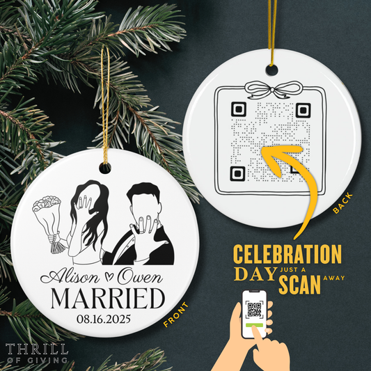Our First Christmas Married Ornaments - Double Sided QR code Newlywed Gift