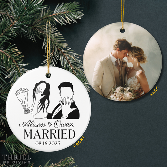 Our First Christmas Married Ornaments - Double Sided QR code Newlywed Gift