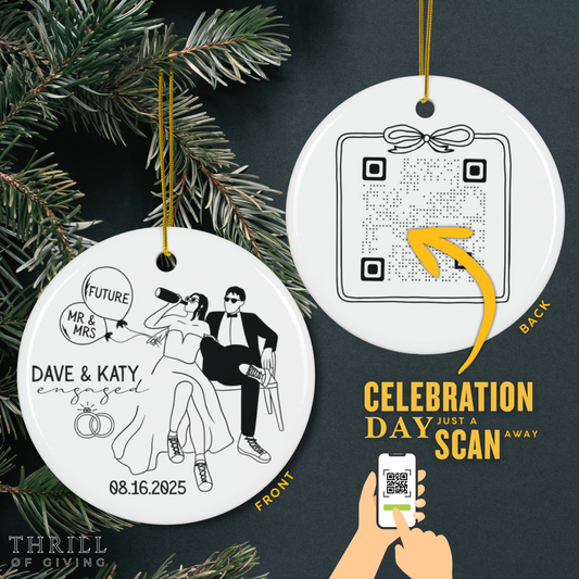 Engagement Christmas Ornaments - Custom Double Sided QR code Photo Ornament
