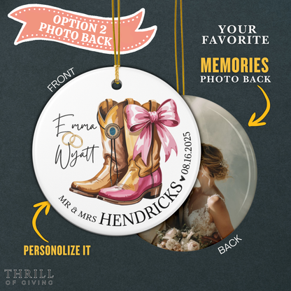 Cowboy & Cowgirl Married Ornaments - Double Sided QR code Newlywed Gift