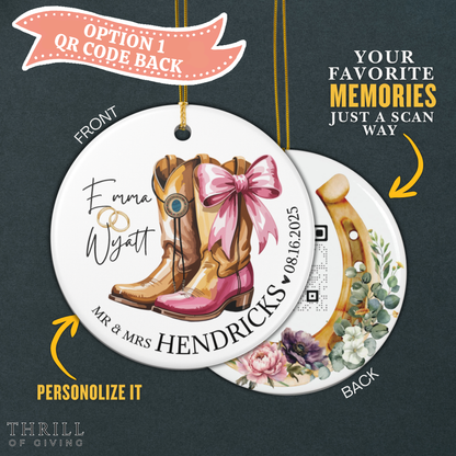 Cowboy & Cowgirl Married Ornaments - Double Sided QR code Newlywed Gift