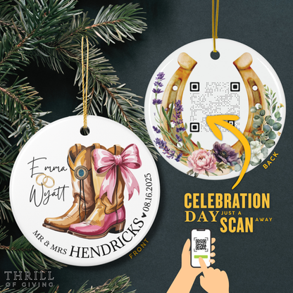Cowboy & Cowgirl Married Ornaments - Double Sided QR code Newlywed Gift