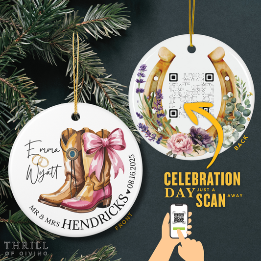 Cowboy & Cowgirl Married Ornaments - Double Sided QR code Newlywed Gift