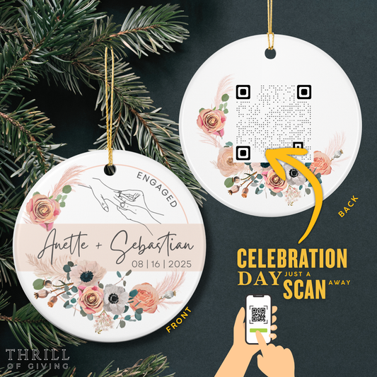 Personalized First Christmas Engaged Ornaments - Double Sided QR code Photo Ornament