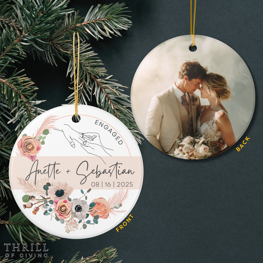 Personalized First Christmas Engaged Ornaments - Double Sided QR code Photo Ornament