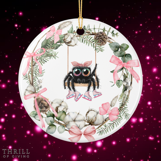 Pink Bow Wreath Spider Ornament - Ice skating Edition