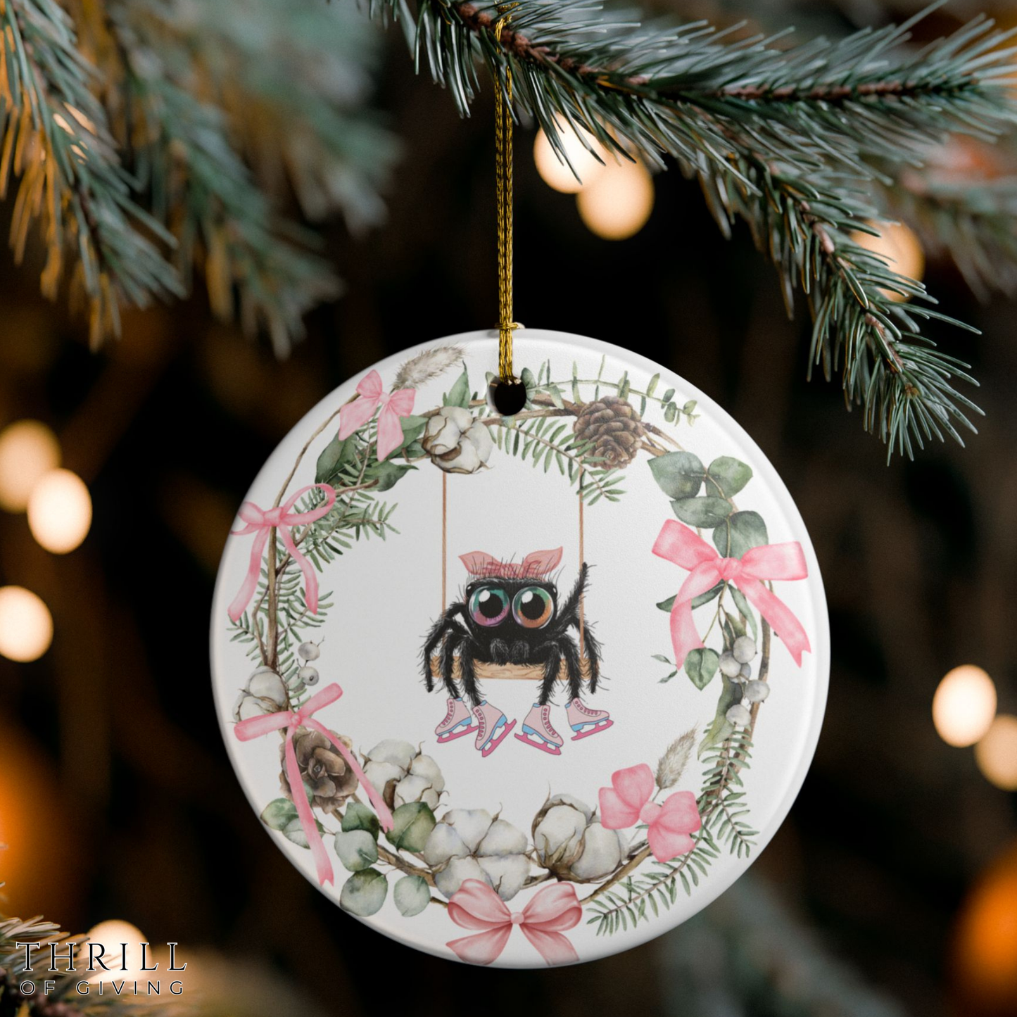 Pink Bow Wreath Spider Ornament - Ice skating Edition