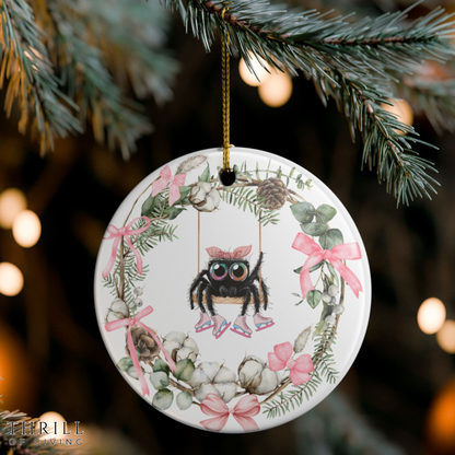 Pink Bow Wreath Spider Ornament - Ice skating Edition