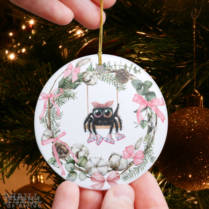Pink Bow Wreath Spider Ornament - Ice skating Edition